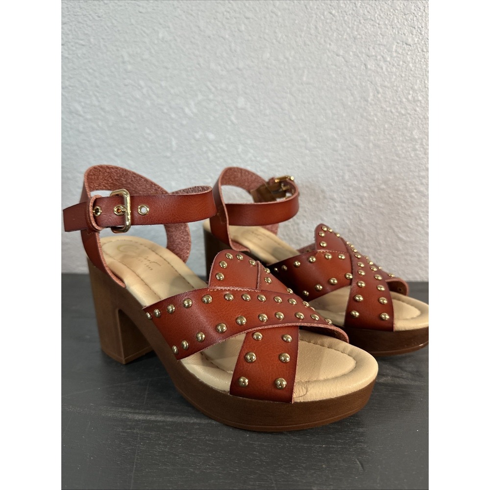 Comfort Brand‎ Cognac Goldtone Studded Plstform Wedges Size 6M NWOB